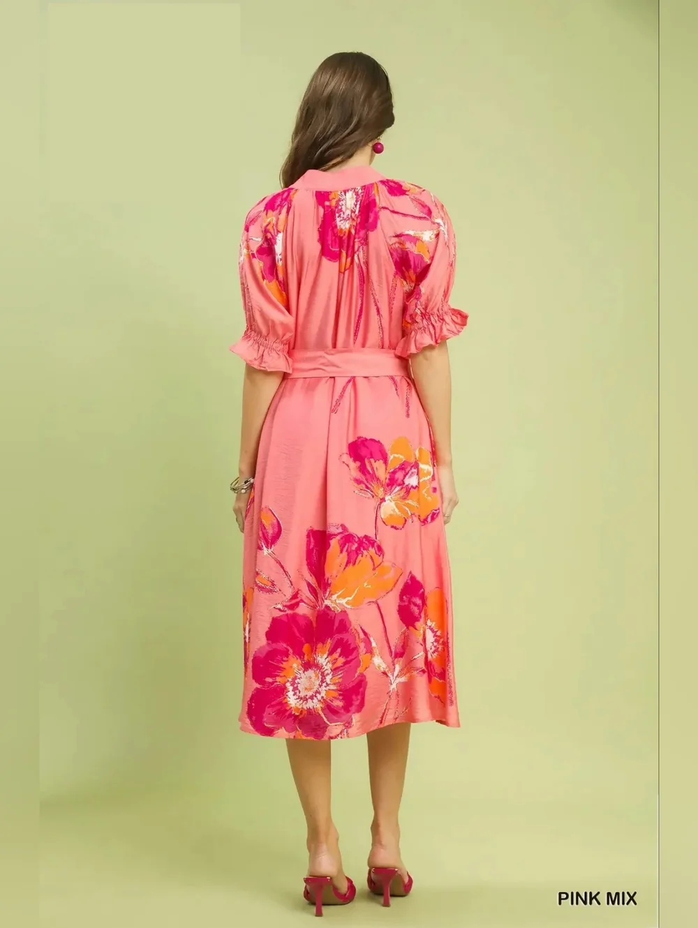 New Arrival!! Umgee Floral Flounce Sleeve Midi Dress with Belted - Picture 5 of 9